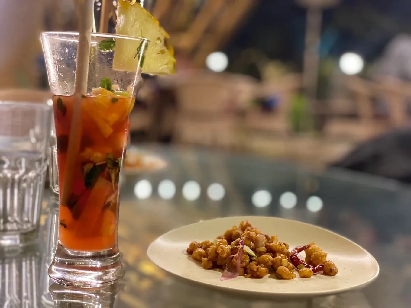 Crispy corn with a tall fruit cooler