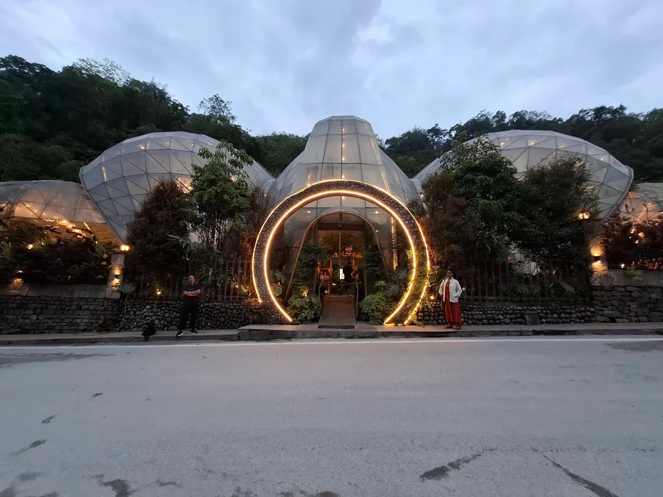 The three pods at dusk from the roadside